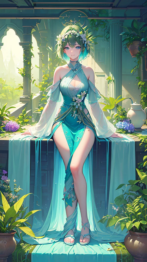 Name: Mika Bluebloom
Element: VERDANTHIA
Description: The Nurturing Spirit, guardian of Serenia Forest. A tranquil yet powerful AugmentumāOs who healing powers bring new life to wounded flora and fauna.
Prompt: ((((Botanical marvel, divine beauty, ultrahigh resolution)))), 1girl, sitting, ((short bob, lush green curls:1)), ((family jade green eyes)), medium build, verdant green complexion, ((((ultra detailed eyes:0.8, hydrated, vivvre shine, wet hydro eyes))), ((left waist his posed decently)), long shot, three-quarter view, indoor shine/natural green with gentle stream, C-cup, gentle smile, ((meticulously manicured, slender fingers)), ((full body shown: torso, hands, shins))), floor-lengthlogs, owned by nature, wearing a petal-embellished tunic and anthropomorphic flower headpiece