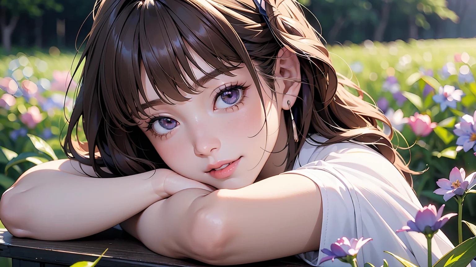 masterpiece、high resolution 8k、NSFW、sharp focus、contrast lighting、fine skin、muste piece、 highest quality、Ultra - High resolution、Super high resolution、Highly detailed CG、woman is laying down in a field of purple flowers、woman is wearing a pair of blue headphones. She is smiling and seems to be enjoying a pleasant moment of relaxation.、beautiful eyes、(Detailed face and iace:1 2)、narrow eyes、almond eye、Black pupil、eye gradation eye highlight:1.2)、(light reddish brown hair、middle、asymmetrical bangs)、(ID card、Blazer for office wear shortage、white cutter shirt、black pencil skirt、pumps)、(plump lips、gross、glossy lips、small breast size) 、(oval face : 1.4)、(thin fingers、fine arms、detailed human hand)、laughter half open、teeth visible