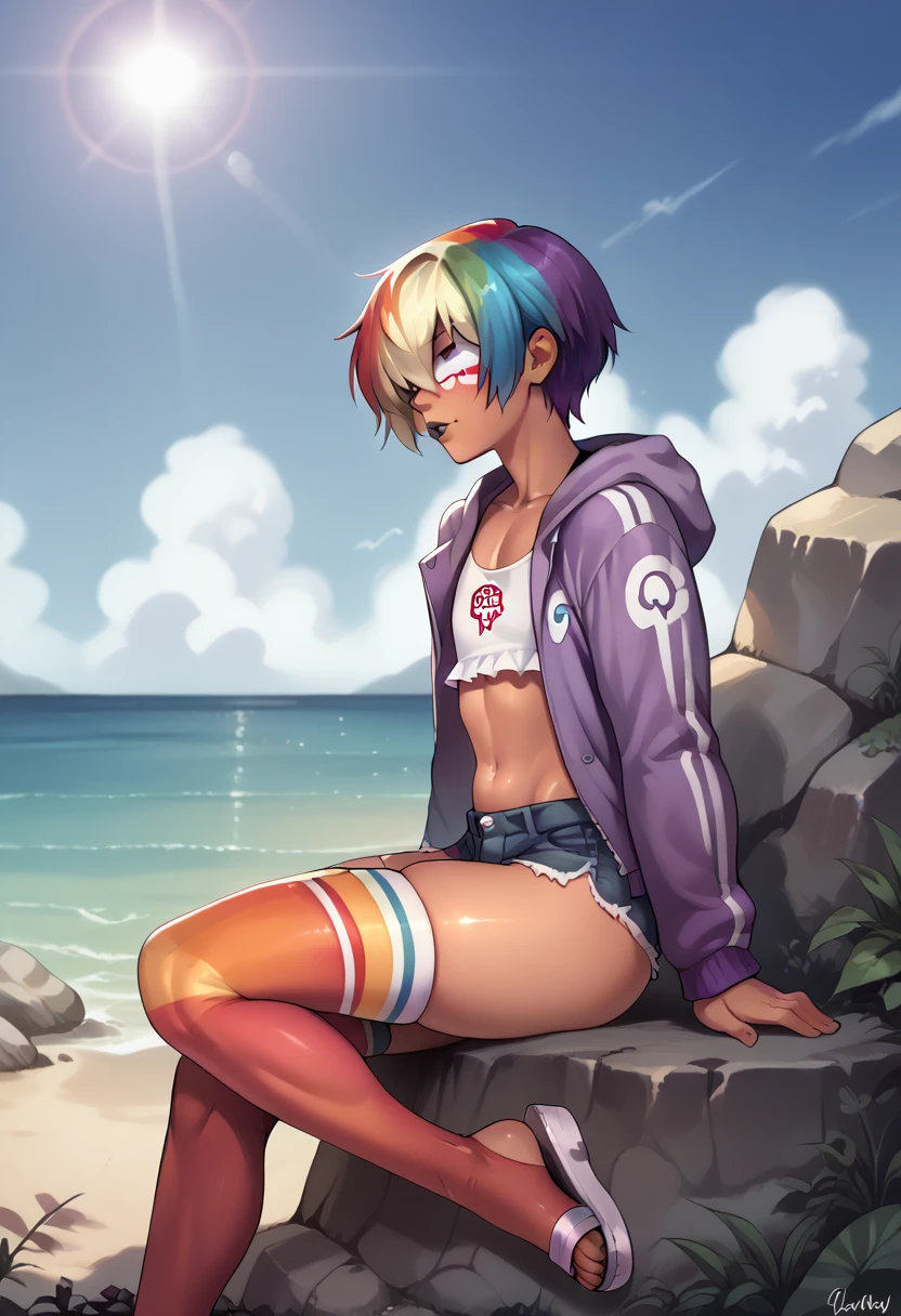 A feminine looking man, femboy, rainbow hair, disordered, hair that covers the eyes, paint black lips, alegrey, Slim and feminine body......., thick thighs, flat chest, her ass is very big, tanned skin, very small purple jacket, fitted white top, mini shorts, rainbow long stockings, sandals, sitting on a rock, beautiful beach, bright sea, sunlight, side view, Looking at the sky 