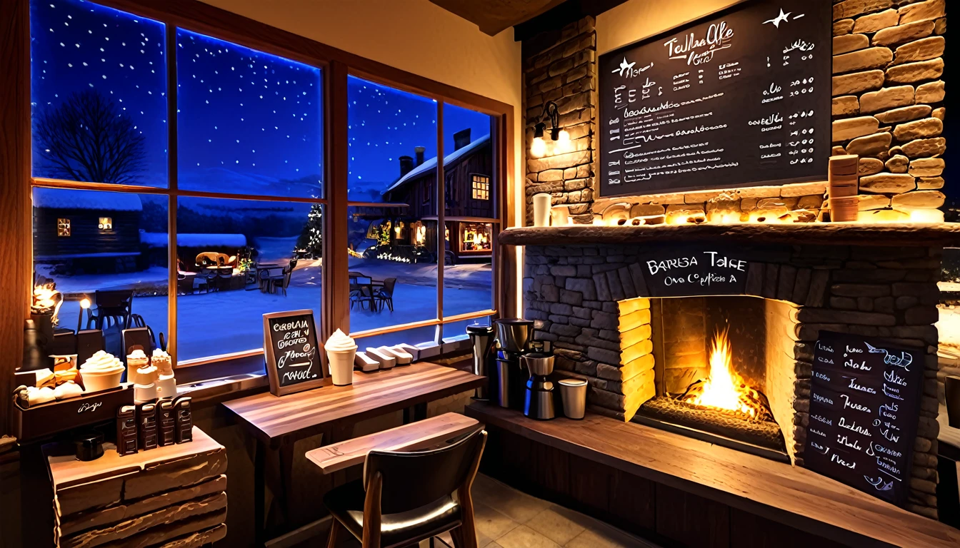 Créez l&#39;image d&#39;un café confortable avec un intérieur rustique avec une cheminée rugissante,un seul tableau noir de menu de café,un seul comptoir de barista avec des outils de barista sur le comptoir de barista,nourriture et tasse de café sur la table d&#39;hôtes,avec et de grandes fenêtres offrant une vue imprenable sur un village la nuit. et être rempli d&#39;un éclairage chaud pour contraster le froid, lumières scintillantes à l&#39;extérieur.