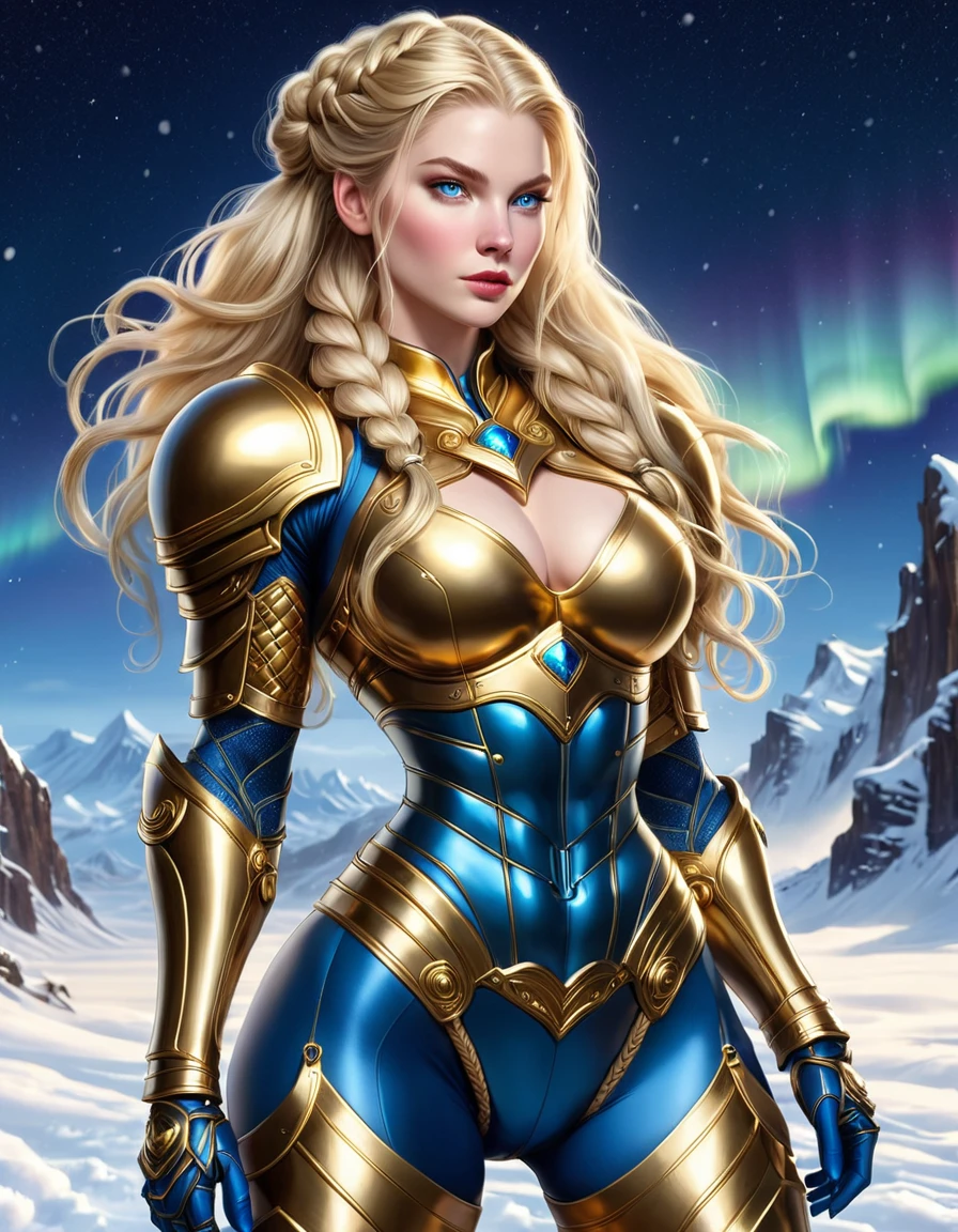 BLONDE BOMB WOMAN, female warrior, very pale skin, Blue eyes, high cheekbones, rosy cheeks, foramen mental, HUGE LONG BRAIDED HAIR, Hairstyle with braid,  DOUBLE BRAID HAIR, voluminous hair, GOLD LEOTARD ARMOR, ALL GOLD ARMOR, golden gauntlets, athletic body, muscles, BEAUTIFUL THICK THIGHS EXPOSED , DETAILED QUADRICEPS, muscles, Side view of the body, Aurora borealis, North Pole, snow, night sky, accurate image, Masterpiece.