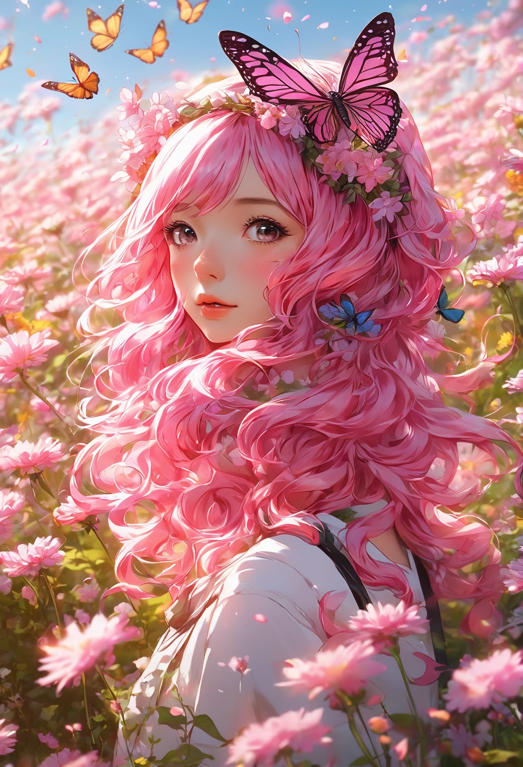 garota anime com cabelo rosa e bandana de borboleta em um campo de flores, estilo anime 4 k, papel de parede de arte de anime 4k, Papel de parede de arte anime 4k, arte digital detalhada de anime, lindo estilo de arte de anime, papel de parede de arte de anime 8k, papel de parede de anime 4k, papel de parede de anime 4K, estilo anime. 8K, Retrato realista kawaii, estilo animed digital art, lindo retrato de anime