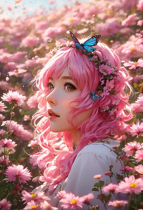 anime girl with pink hair and butterfly headband in a field of flowers, anime style 4 k, anime art wallpaper 4 k, anime art wall...