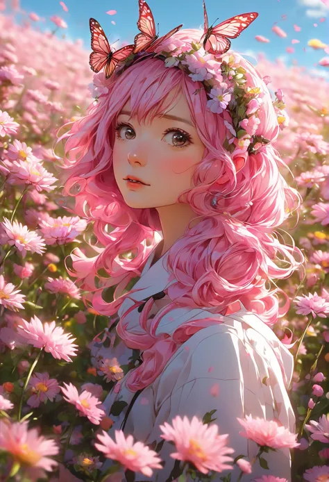 anime girl with pink hair and butterfly headband in a field of flowers, anime style 4 k, anime art wallpaper 4 k, anime art wall...