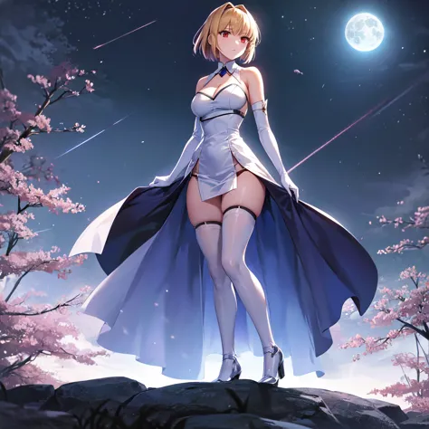 1girl, archetype earth \(hime\),arcueid \(tsukihime\), arcueid \(dress\), breasts, cleavage, detached collar, detached sleeves, ...