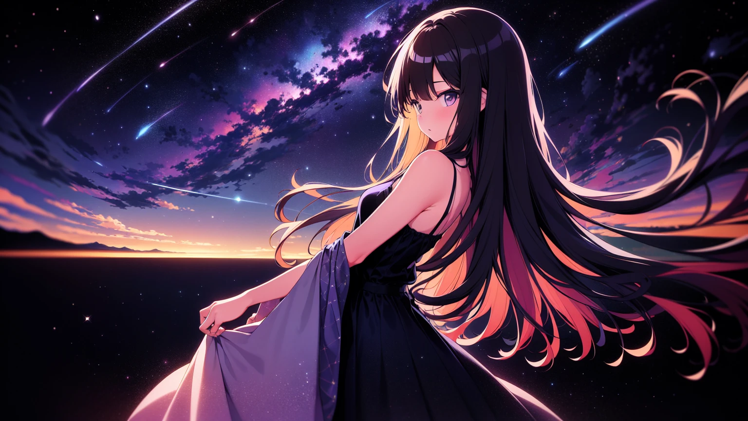 side view, upper body, (best quality, ultra-high resolution, depth of field:1.2), Girl wearing starry dress, The Milky Way stretches to the horizon,Elegant twirl in long skirt,deep indigo and violet shades, A feeling of wonder and vastness of the universe, illustration, oil painting on canvas,