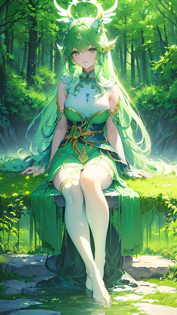 Name: Yui-ko
Element: VERDANTHIA
Description: The Nurturer, guardian of the Green Forest. A gentle, wise, and powerful being, cherishing the balance of nature. Her ethereal presence brings growth and restoration.
Prompt: ((((Masterpiece, Top tier, Ultra high definition)))), 1girl, serene, sitting, (long, wavy, green hair), ((glowing aura)), (((ultra detailed face, beautiful and detailed eyes:0.9))), ((left side view)), (full body shot), surrounded by greenery, ((fair complexion)), (emerald green eyes), ((lovely smile)), (((head, shoulders, arms, and thighs visible))), ((crossed legs)), ((gentle expression)), beautiful lighting, forest, ((defined subject)), 27 years old, (((contented)), ((calm)), (((high saturation)))