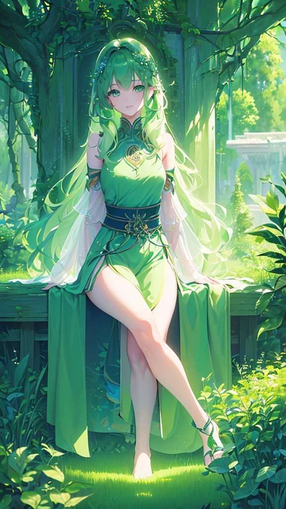 Name: Yui-ko
Element: VERDANTHIA
Description: The Nurturer, guardian of the Green Forest. A gentle, wise, and powerful being, cherishing the balance of nature. Her ethereal presence brings growth and restoration.
Prompt: ((((Masterpiece, Top tier, Ultra high definition)))), 1girl, serene, sitting, (long, wavy, green hair), ((glowing aura)), (((ultra detailed face, beautiful and detailed eyes:0.9))), ((left side view)), (full body shot), surrounded by greenery, ((fair complexion)), (emerald green eyes), ((lovely smile)), (((head, shoulders, arms, and thighs visible))), ((crossed legs)), ((gentle expression)), beautiful lighting, forest, ((defined subject)), 27 years old, (((contented)), ((calm)), (((high saturation)))