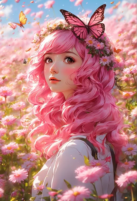 anime girl with pink hair and butterfly headband in a field of flowers, anime style 4 k, anime art wallpaper 4 k, anime art wall...