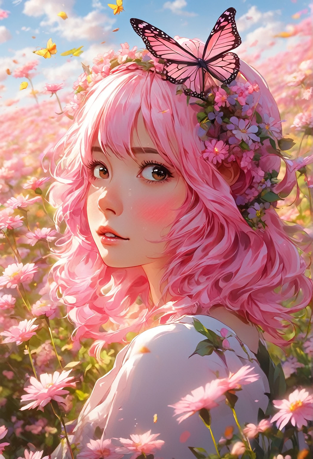 garota anime com cabelo rosa e bandana de borboleta em um campo de flores, estilo anime 4 k, papel de parede de arte de anime 4k, Papel de parede de arte anime 4k, arte digital detalhada de anime, lindo estilo de arte de anime, papel de parede de arte de anime 8k, papel de parede de anime 4k, papel de parede de anime 4K, estilo anime. 8K, Retrato realista kawaii, estilo animed digital art, lindo retrato de anime