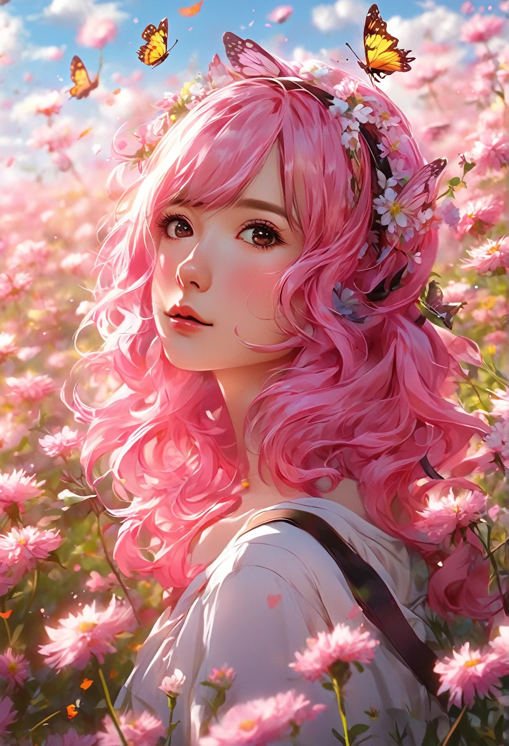 Anime-Mädchen mit rosa Haaren und Schmetterlingshaarband auf einem Blumenfeld, Anime-Stil 4 k, Anime-Kunst-Tapete 4k, Anime-Kunst-Hintergrundbild 4k, Detaillierte digitale Anime-Kunst, wunderschöner Anime-Kunststil, Anime-Kunst-Tapete 8 K, Anime-Tapete 4k, Anime-Hintergrundbild 4k, Anime-Stil. 8k, Kawaii realistisches Porträt, Anime-Stild digital art, schönes Anime-Porträt