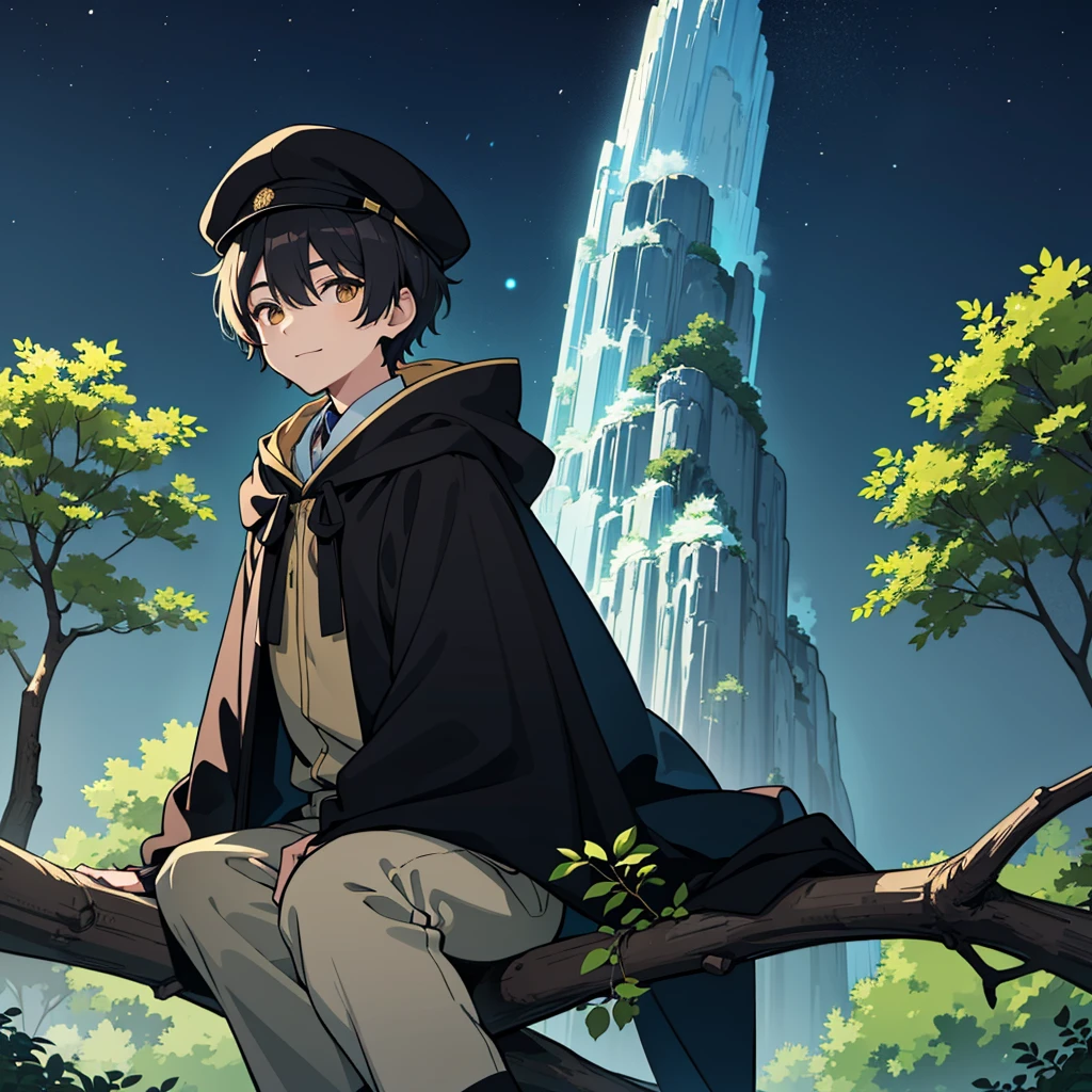 beautiful young man with short dark hair, Newsboy cap, And golden eyes, Wearing a black cloak and hood, pants, Sitting on a tree branch in the forest, I can see the night sky, (Highest quality,4K,8K,High resolution,masterpiece:1.2),Very detailed, modern anime style, moody person, Neutral child, Cute Smile