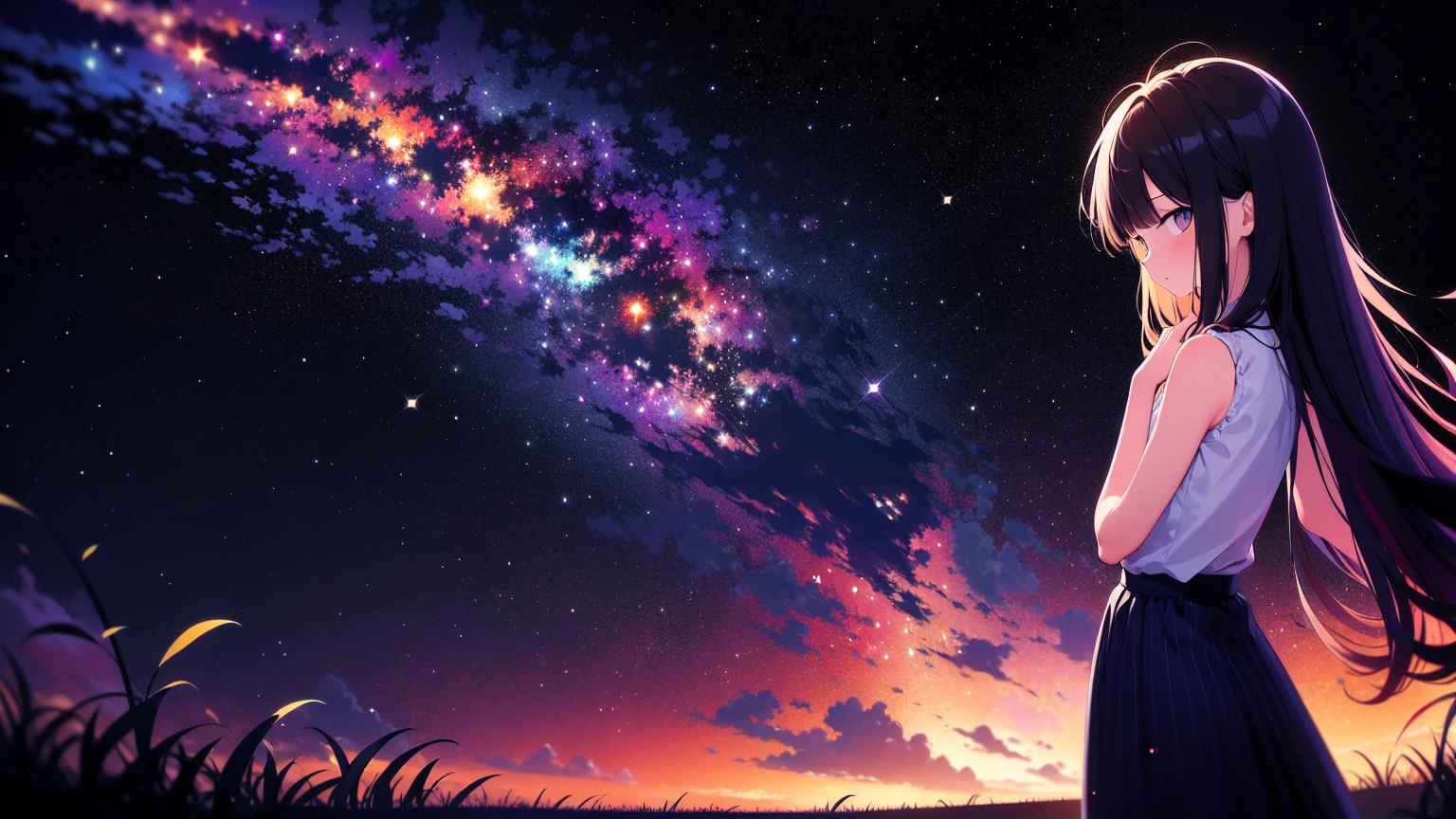 looking at viewer, side view, upper body, (best quality, ultra-high resolution, depth of field:1.2), Girl wearing starry dress, The Milky Way stretches to the horizon,Elegant twirl in long skirt,deep indigo and violet shades, A feeling of wonder and vastness of the universe, illustration, oil painting on canvas,