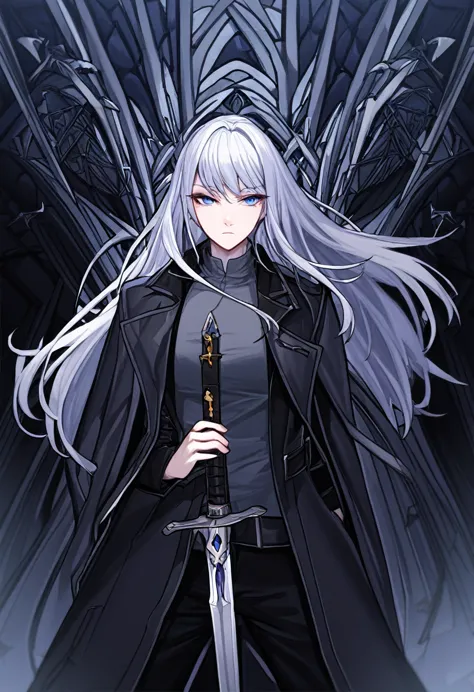 perfect hands, silver hair, fair skin, girl, long hair, shirt, black trousers, black long coat, sword, sign of holding a weapon ...