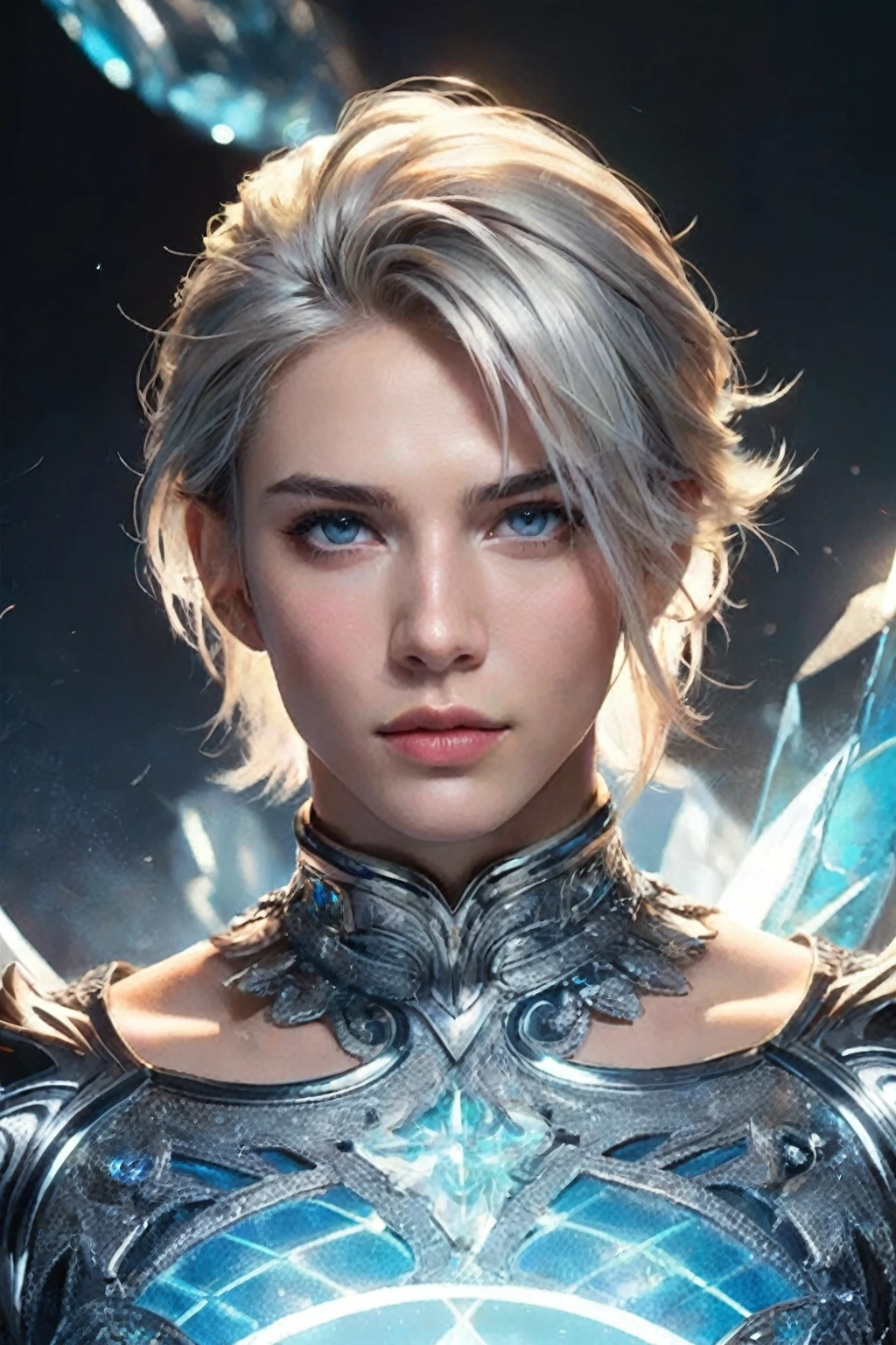 a woman in a silver outfit with blue eyes and a sword, attractive androgynous humanoid, beautiful androgynous prince, ig model | artgerm, artgerm ; 3d unreal engine, extremely detailed artgerm, fanart best artstation, lineage 2 revolution style, hyperrealistic fantasy art, delicate androgynous prince