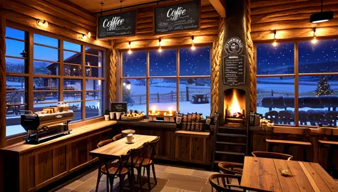 Create an image of a cozy coffee shoop with rustic interior with a roaring fireplace,one chalk board coffee menu,one barista tab...