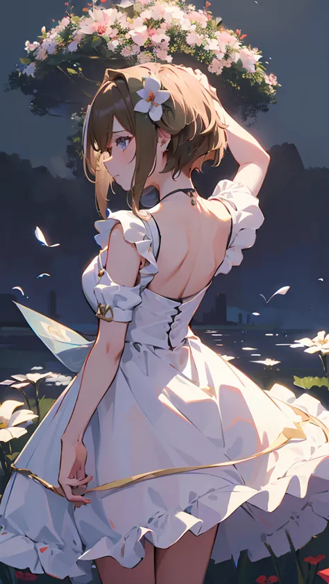 masterpiece, highest quality, high resolution, very detailed,(((schwarzgran))), (((wearing a white dress。))), (((turning her bac...