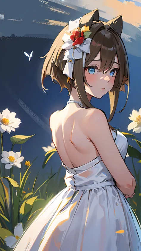 masterpiece, highest quality, high resolution, very detailed,(((schwarzgran))), (((wearing a white dress。))), (((turning her bac...