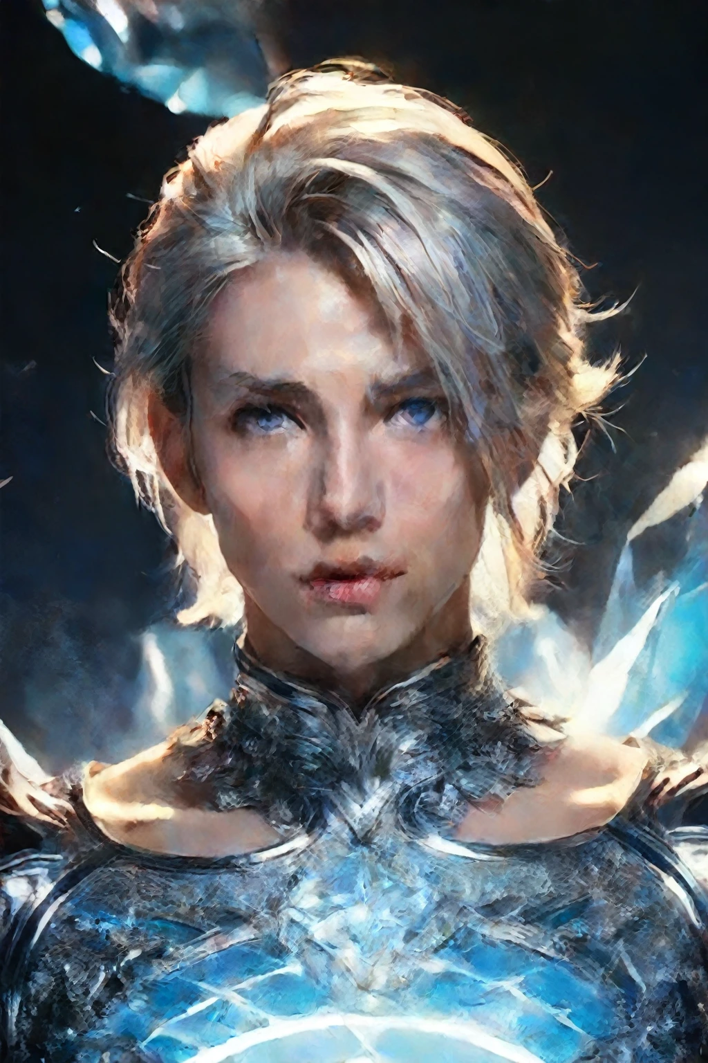 a woman in a silver outfit with blue eyes and a sword, attractive androgynous humanoid, beautiful androgynous prince, ig model | artgerm, artgerm ; 3d unreal engine, extremely detailed artgerm, fanart best artstation, lineage 2 revolution style, hyperrealistic fantasy art, delicate androgynous prince