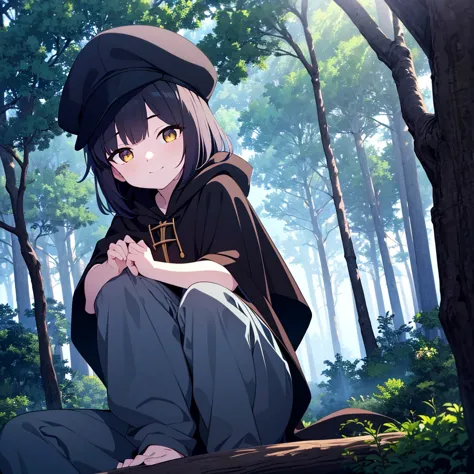 beautiful young man with short dark hair, Newsboy cap, And golden eyes, Wearing a black cloak and hood, pants, Sitting on a tree...