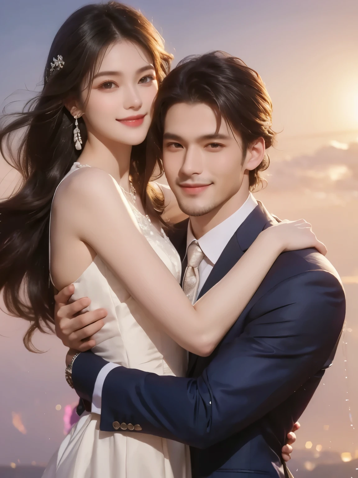 wedding现场，A man in a suit hugging a woman，25 years old，Beautiful face，Smile and look at the camera，wedding，gorgeous的婚纱，gorgeous，Wealth，Handsome men and beautiful women，Rich Family