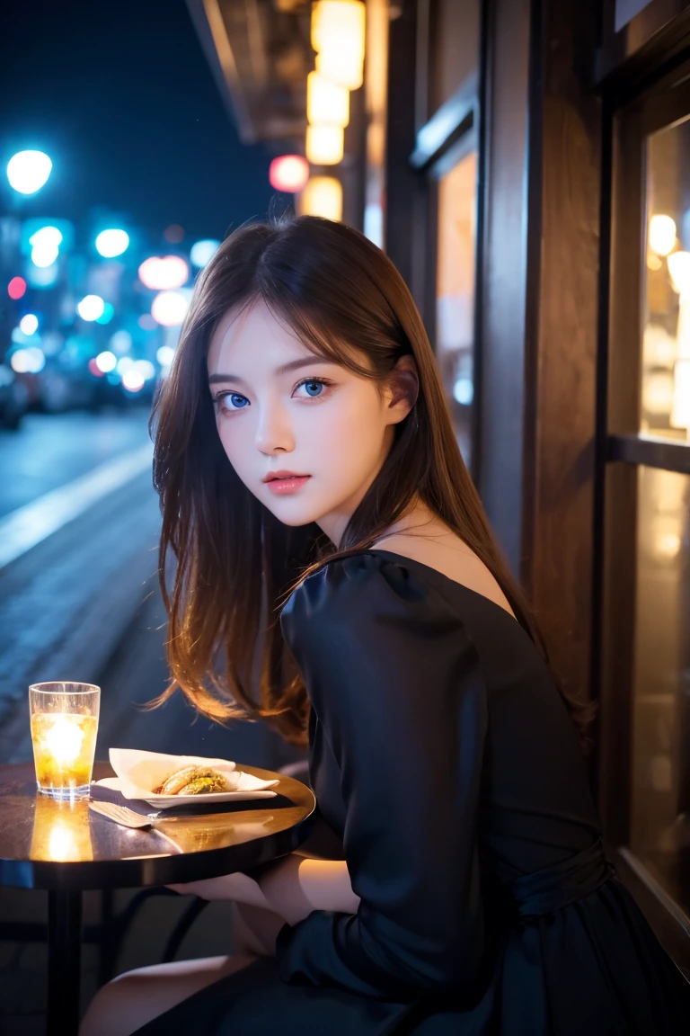 Highest quality,One girl,LOL,Face thinning,Beauty,Dark brown hair,Full-length dresses,Very delicate face, Delicate eyes, double eyelid, Blue Eyes,outside,Restaurant with night view,