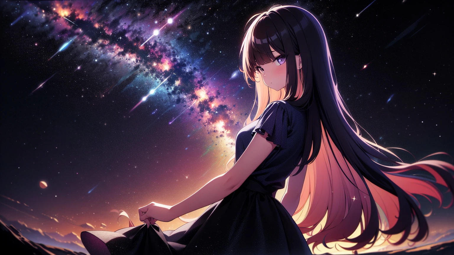 looking at viewer, side view, upper body, (best quality, ultra-high resolution, depth of field:1.2), Girl wearing starry dress, The Milky Way stretches to the horizon,Elegant twirl in long skirt,deep indigo and violet shades, A feeling of wonder and vastness of the universe, illustration, oil painting on canvas,