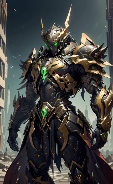 A man wearing a full-face helmet, a fantasy-style biotech armored combat suit, green eyes, (a composite layered chest armor), fu...