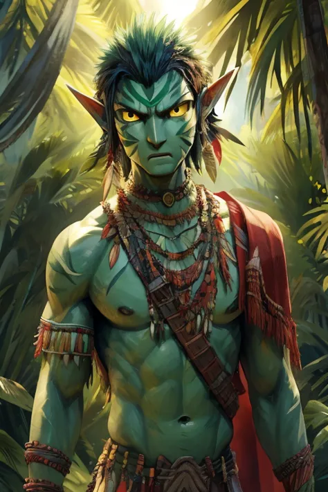 naavi, yellow eyes, pointy ears, lime green skin, tribal outfit, male, angry expression, slender body, full body image,