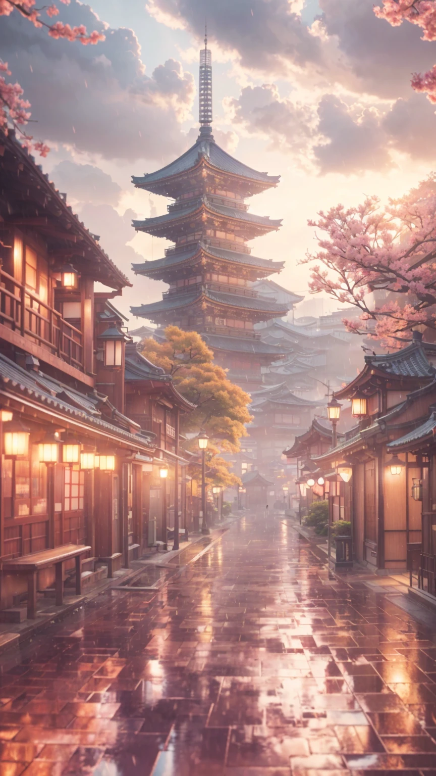 in the rain、Anime landscape of a tower with benches and lanterns, Japonism 3d 8k ultra detailed, Japanese city, Japanese town, akihiko yoshida. Unreal Engine, cyberpunk Japanese temple, Complex and gorgeous anime CGI style, Japanese street, Japan. Volumetric lighting, Dreamy city in China, Inspired by Kyoto, Inspired by Kano Naizen