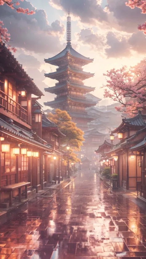 in the rain、Anime landscape of a tower with benches and lanterns, Japonism 3d 8k ultra detailed, Japanese city, Japanese town, a...