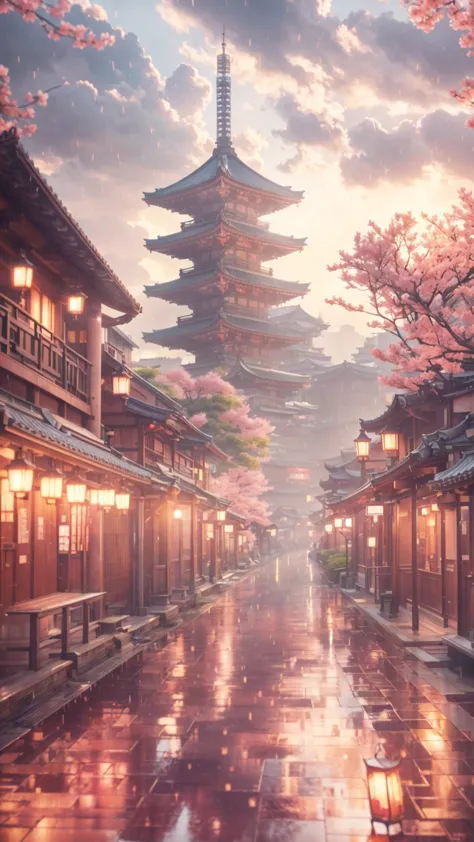 in the rain、Anime landscape of a tower with benches and lanterns, Japonism 3d 8k ultra detailed, Japanese city, Japanese town, a...