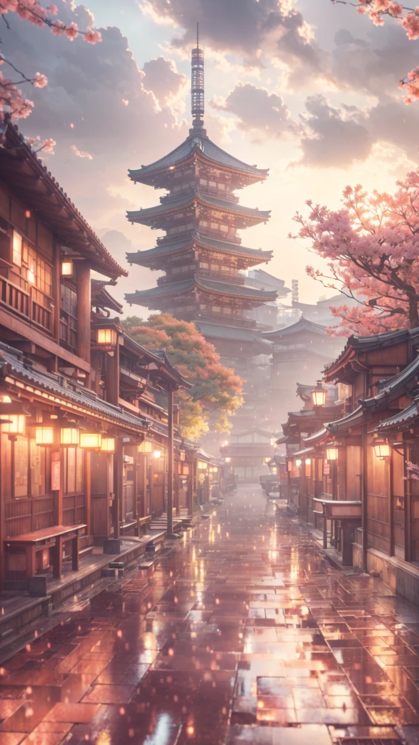 in the rain、Anime landscape of a tower with benches and lanterns, Japonism 3d 8k ultra detailed, Japanese city, Japanese town, akihiko yoshida. Unreal Engine, cyberpunk Japanese temple, Complex and gorgeous anime CGI style, Japanese street, Japan. Volumetric lighting, Dreamy city in China, Inspired by Kyoto, Inspired by Kano Naizen