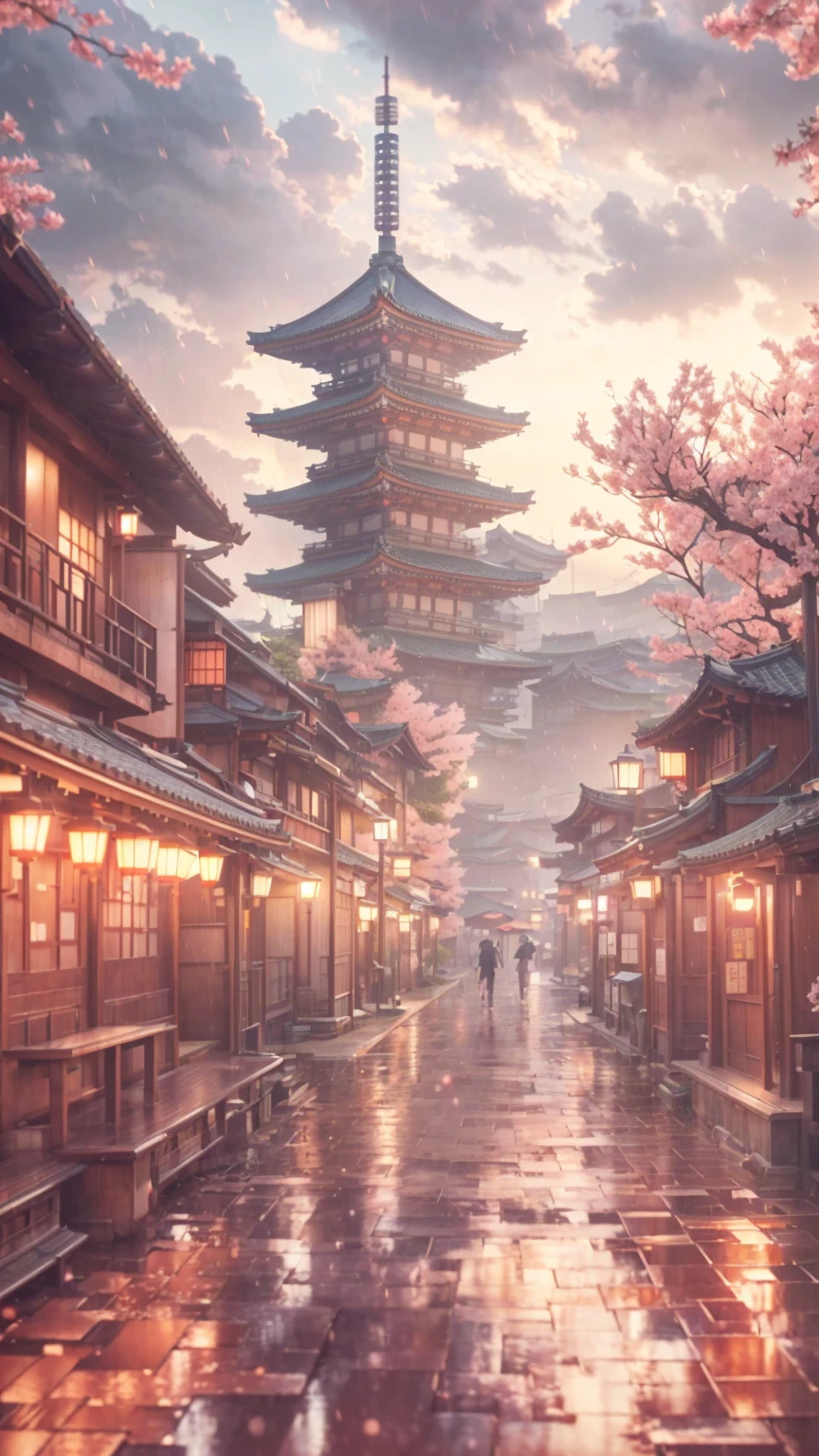 in the rain、Anime landscape of a tower with benches and lanterns, Japonism 3d 8k ultra detailed, Japanese city, Japanese town, akihiko yoshida. Unreal Engine, cyberpunk Japanese temple, Complex and gorgeous anime CGI style, Japanese street, Japan. Volumetric lighting, Dreamy city in China, Inspired by Kyoto, Inspired by Kano Naizen