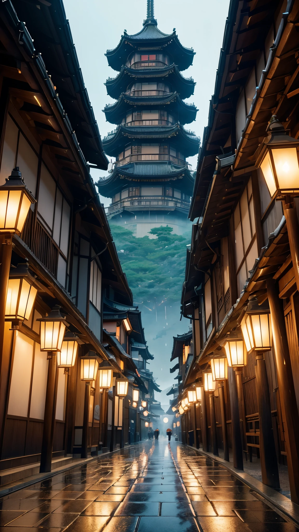 na chuva、Paisagem de anime de uma torre com bancos e lanternas, Japonismo 3d 8k ultra detalhado, Japãoese city, Japãoese town, Akihiko Yoshida. Unreal Engine, cyberpunk Japãoese temple, Estilo CGI de anime complexo e lindo, Japãoese street, Japão. Iluminação volumétrica, Cidade dos sonhos na China, Inspirado em Quioto, Inspirado por Kano Naizen