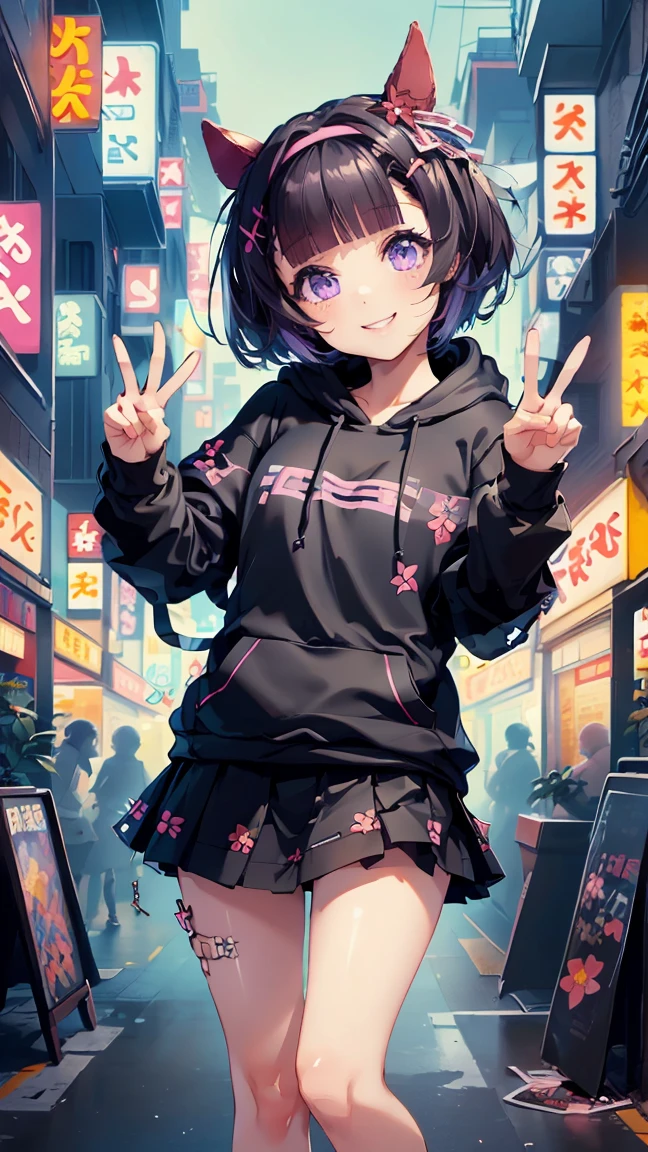 masterpiece, Highest quality, High resolution, Very detailed,(((Nishino Flower wearing a black hoodie))), (((peace sign))), (((smile))), Black Skirt, Outdoor, Glitch