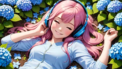 a girl with long hair wear headphone is laying down in a field of hydrangea flowers, wearing a pair of blue headphones. she is s...