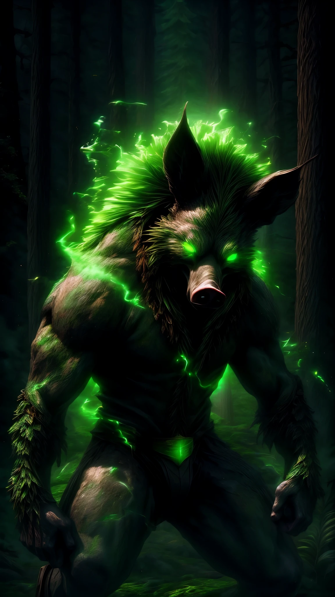A gigantic humanoid pig, highly detailed and realistic, small glowing green eyes, tattered and soiled clothing, verdant mane, in dynamic motion, green magical energy emanating from the character, full-body standing pose, photorealistic, dynamic camera angle, (best quality,4k,8k,highres,masterpiece:1.2),ultra-detailed,(realistic,photorealistic,photo-realistic:1.37),HDR,UHD,studio lighting,ultra-fine painting,sharp focus,physically-based rendering,extreme detail description,professional,vivid colors,bokeh,dark fantasy,dark forest background