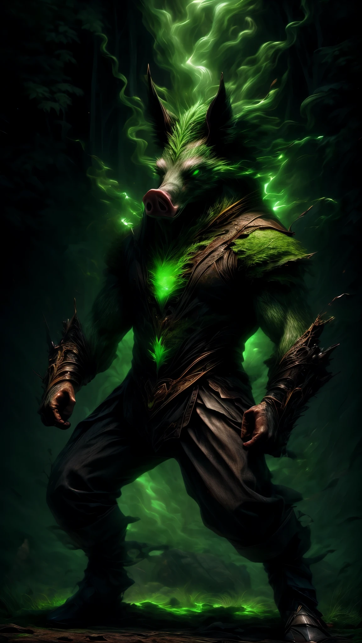 A gigantic humanoid pig, highly detailed and realistic, small glowing green eyes, tattered and soiled clothing, verdant mane, in dynamic motion, green magical energy emanating from the character, full-body standing pose, photorealistic, dynamic camera angle, (best quality,4k,8k,highres,masterpiece:1.2),ultra-detailed,(realistic,photorealistic,photo-realistic:1.37),HDR,UHD,studio lighting,ultra-fine painting,sharp focus,physically-based rendering,extreme detail description,professional,vivid colors,bokeh,dark fantasy,dark forest background