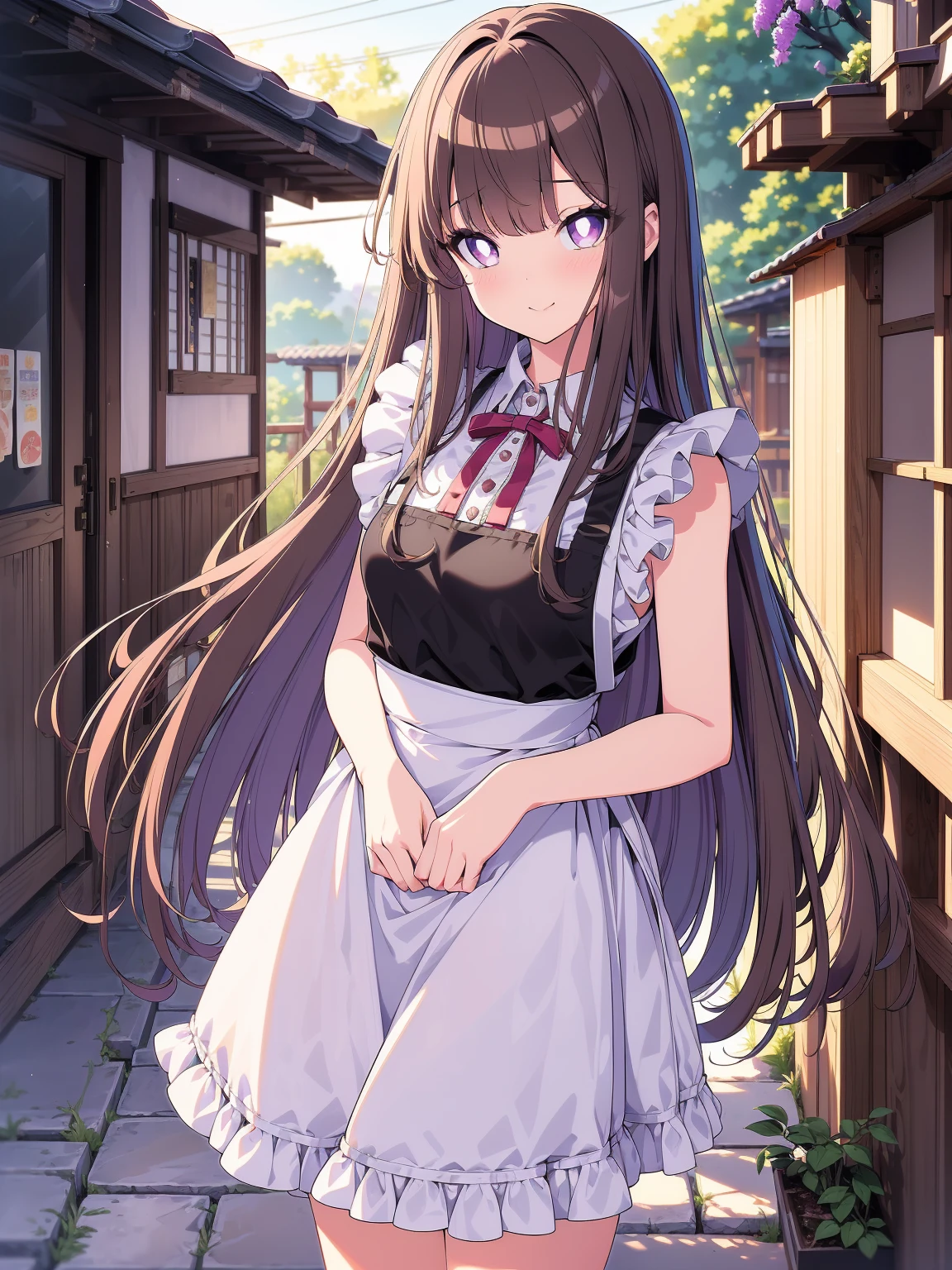 (masterpiece), (cowboy shot), (best quality, ultra-high resolution, depth of field:1.2), 1woman, brunette, long hair, inner hair color, small breasts, loose clothes, (wearing casual modern clothes), frills, (lavender eyes), bright eyes, starry eyes, (apron), Japanese convenience store scenery, gentle smile, arms behind back