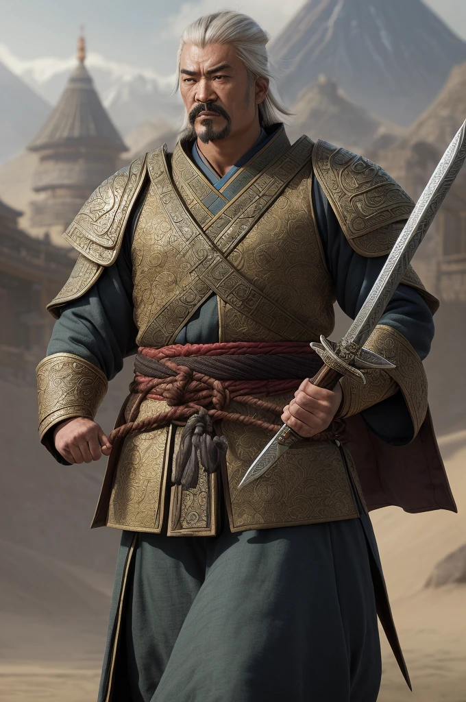 Highest quality，High resolution，((Kublai Khan)) ，（Mongol empire），Fist of the North Star，One person，（Yuan），（fur_coat），male，One personで，Middle Age，strongest，Anime Style，(Limbs)，(Full Finger)，(Accurate fingertips), (The finer details), (Super detailed)，(Japanese sword:)，4K，(high resolution)，whole body, (Front angle), Looking at the camera,masterpiece，(Subtle details)，(Intricate details)，Octane Rendering，(Hyper Detail)，