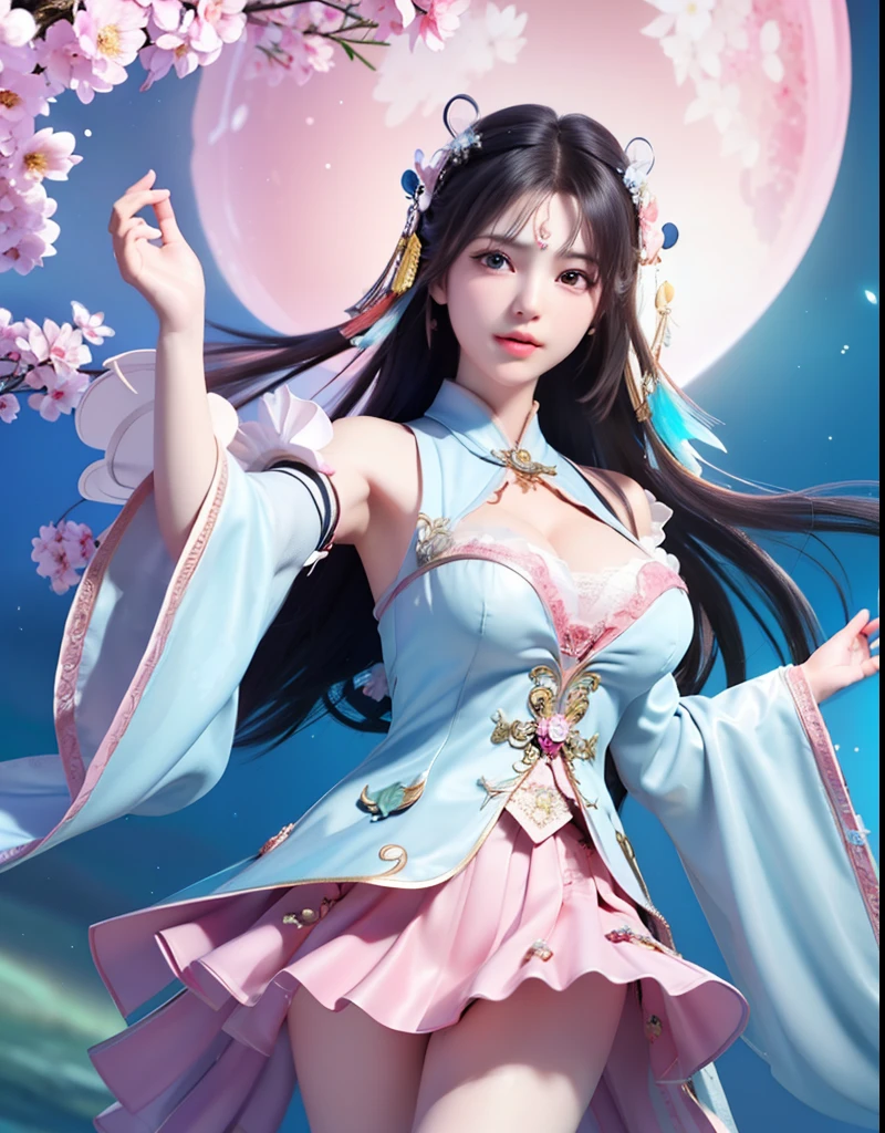 (8k, RAW photo:1.2), best quality, ultra high res,dramatic angle,(fluttered detailed color splashs), (illustration),(((1 girl))),(long hair),(rain:0.9), (Headdress:1.4),There is an ancient palace beside the girl,Hanfu,(Key Points),Color ink painting,(Splash of Color),Splash of Color,(((colorful))),(sketch:0.8) , Masterpiece, best quality, beautiful painted, highly detailed,(denoising:0.6),[splash ink],((ink refraction)), (beautiful detailed sky),moon,highly,detaild,(masterpiece, best quality, extremely detailed） CG Unity 8k Wallpaper，masterpiece，best quality，Ultra Detailed），（Lycoris）.shoulder ballet dress open V-chested clothes Thin silk lace dress short skirt , (huge ，cleavage),, white pink, blue ，best qualtiy，tmasterpiece，Ultra-high resolution，（Reality：1.4），RAW photogr，（True skin texture：1.3），（filmgrain：1.3），（Selfie angle），1个Giant Breast Girl，Beautiful eye and face details，tmasterpiece，Best quality at best，，The chest more exposed， detailed hair, bra pink , detail 8k, full body, lace pettico