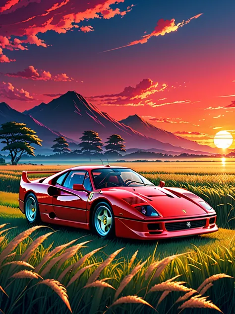 anime landscape of A pearl super strawberry red pearl color classic Ferrari F40 sport sits in a field of tall grass with a sunse...