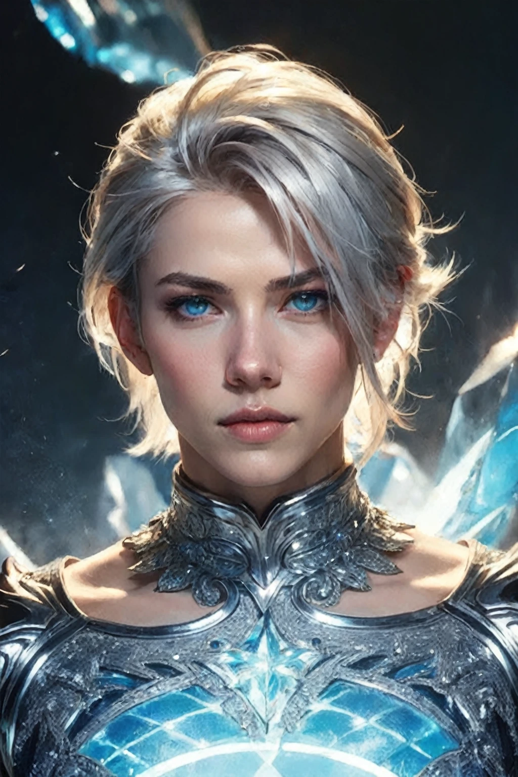 eine Frau in einem silbernen Outfit mit blauen Augen und einem Schwert, attraktiver androgyner Humanoid, Schöner androgyner Prinz, IG-Modell | artgerm, artgerm ; Unreal-Engine 3D-Modell, extrem detailliertes Artgerm, fanart best artstation, Lineage 2 Revolution-Stil, hyperrealistische Fantasy-Kunst, zarter androgyner Prinz