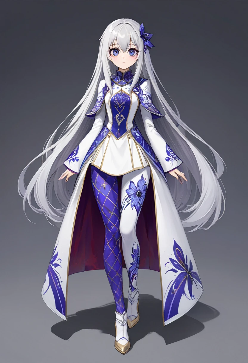 Full body painting, Character portrait, 1 person, girl, Silver Hair, Long Hair, straight, Big eyes, Blue-violet eyes, Sister clothes, White Knight