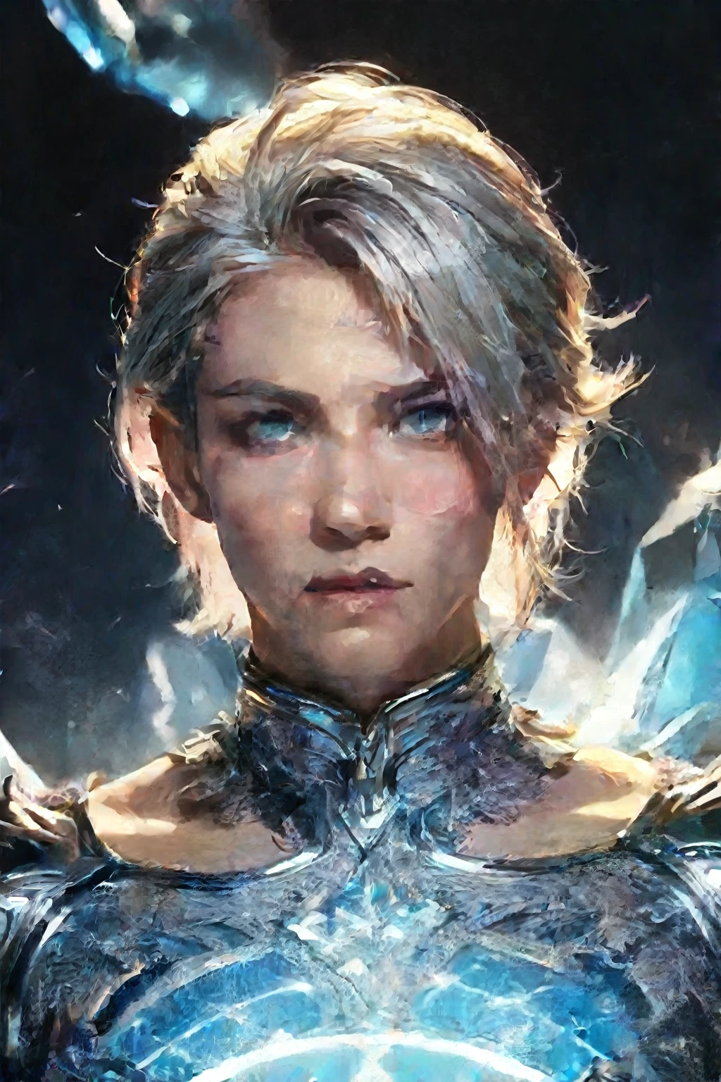 une femme dans une tenue argentée aux yeux bleus et une épée, humanoïde androgyne attrayant, beau prince androgyne, modèle ig | artgerme, artgerme ; Moteur irréel 3D, germe d&#39;art extrêmement détaillée, fanart meilleure station d&#39;art, style révolution lignée 2, art fantastique hyperréaliste, délicat prince androgyne