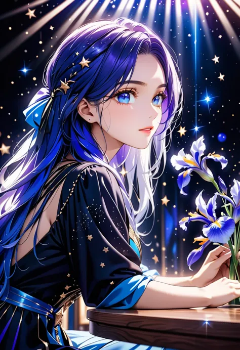 a facial close up picture of an astrologist whose ((irises are colored deep blue filled with stars: 1.3)), who divine the future...