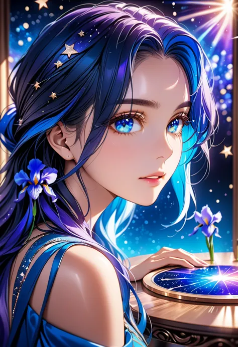 a facial close up picture of an astrologist whose ((irises are colored deep blue filled with stars: 1.3)), who divine the future...