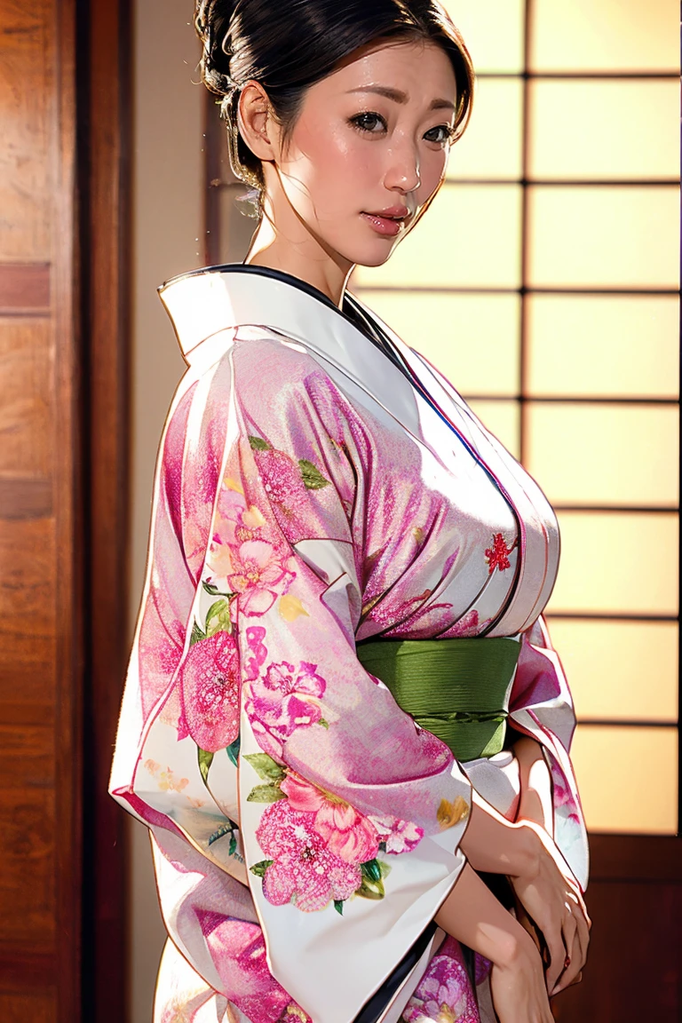 (Highest quality、Tabletop、8K、Best image quality、Award-winning works)、(1 Beautiful Mature Woman:1.1)、(Innkeeper:1.1)、(Elegant floral kimono:1.2)、(A kimono with a perfect and accurate collar:1.2)、Perfect Mature Woman Portrait Photo、Glowing Skin、Standing Elegantly、(Blurred elegant and elaborate perfect Japanese style room background:1.3)、(The most natural and perfect tidy Japanese-style room background:1.2)、(Elegant and luxurious Japanese style room background:1.1)、Glowing White Skin、Very white skin、(Accentuate your body lines:1.1)、(The most elegant posture:1.2)、(Large Breasts:1.2)、(Chignon:1.2)、(Accurate anatomy:1.2)、(Staring at me:1.3)、(Stand elegantly facing forward:1.2)、(Front view:1.3)