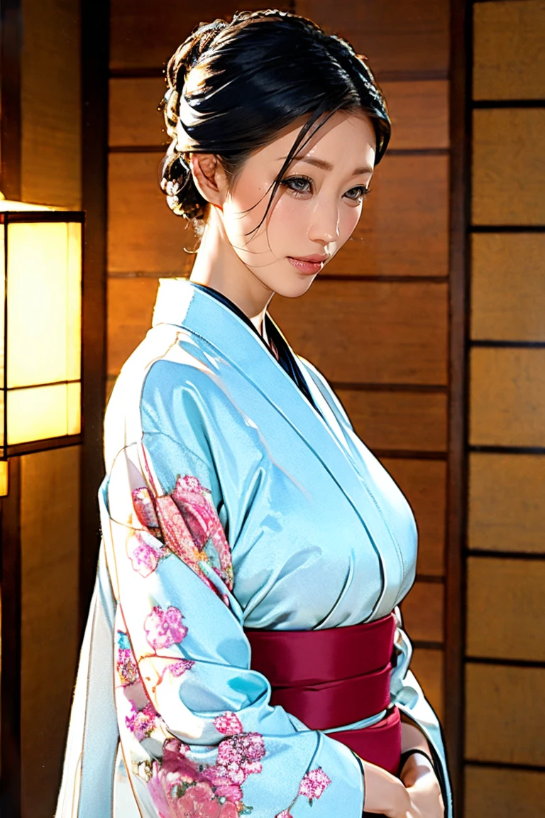 (Highest quality、Tabletop、8K、Best image quality、Award-winning works)、(1 Beautiful Mature Woman:1.1)、(Innkeeper:1.1)、(Elegant floral kimono:1.2)、(A kimono with a perfect and accurate collar:1.2)、Perfect Mature Woman Portrait Photo、Glowing Skin、Standing Elegantly、(Blurred elegant and elaborate perfect Japanese style room background:1.3)、(The most natural and perfect tidy Japanese-style room background:1.2)、(Elegant and luxurious Japanese style room background:1.1)、Glowing White Skin、Very white skin、(Accentuate your body lines:1.1)、(The most elegant posture:1.2)、(Large Breasts:1.2)、(Chignon:1.2)、(Accurate anatomy:1.2)、(Staring at me:1.3)、(Stand elegantly facing forward:1.2)、(Front view:1.3)